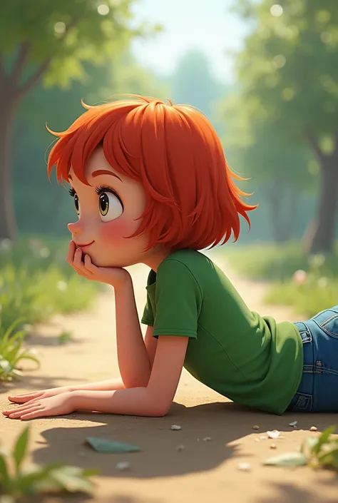 Girl age 10-12, short red hair, green T-shirt, jeans, lying on tummy, side view