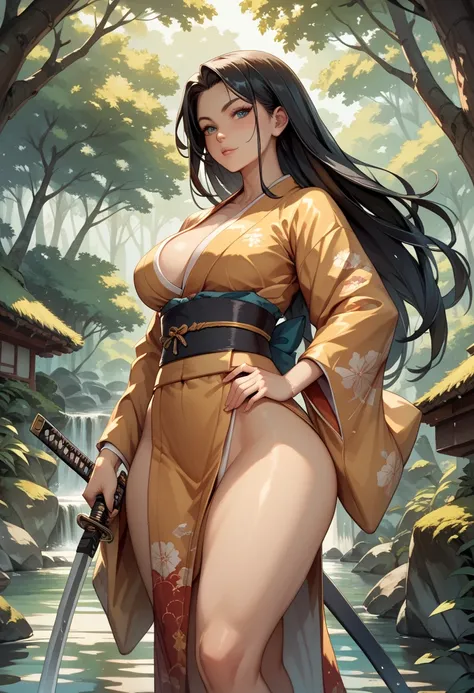  High quality,  very detailed, A Japanese princess , wearing Japanese kimono , sexy, long black hair ,  big boobs,  wide hip,  holding a samurai sword , katana,  facing a Thai tiger, in the middle of a forest