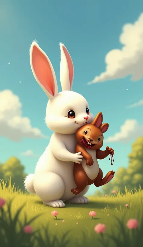 

"A scenic countryside setting featuring a white rabbit and an injured brown squirrel. The white rabbit is standing upright with a calm and determined expression, as it carries the injured squirrel hanging from its stomach. The squirrel appears weak, with...