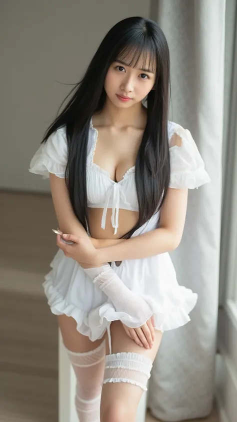  full body photo、 very detailed on trends 、masterpiece、 best quality、 super high definition、 original、 perfect lighting、Too exposed、 emphasizes cleavage 、 maid cosplay、 garter stockings、 Katyusha、A sunny、indoor、 gravure shooting、 sexy、 slender、