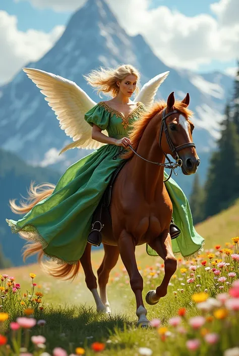 A serene blonde maiden on a majestic chestnut steed, clad in an angelic green and gold gown, gallops through a vibrant wildflower meadow beneath a snow-crowned alpine peak, her tousled locks dancing in the gentle breeze.