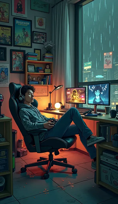 An anime-style illustration of a cozy yet vibrant room belonging to a 19-year-old boy. The boy is reclining back in his high-end gaming chair, peacefully asleep, wearing a stylish, patterned gaming hoodie. A pair of headphones rest slightly askew on his he...