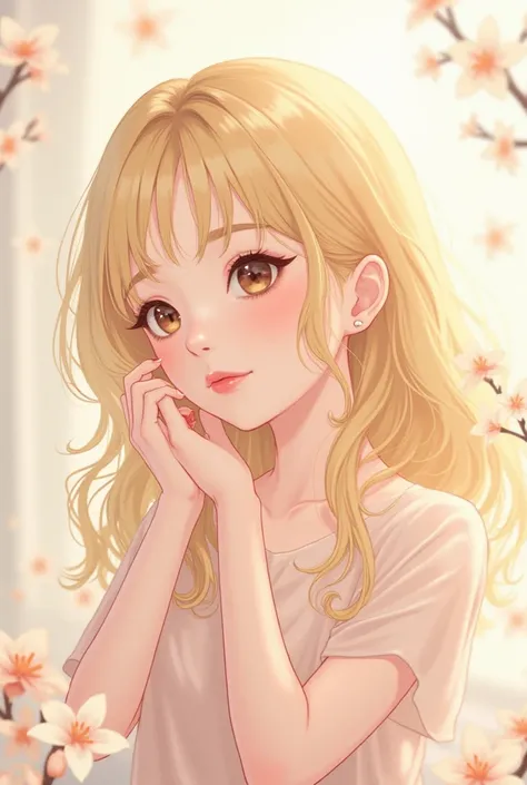 Anime illustration of a Korean blonde woman in pastel style