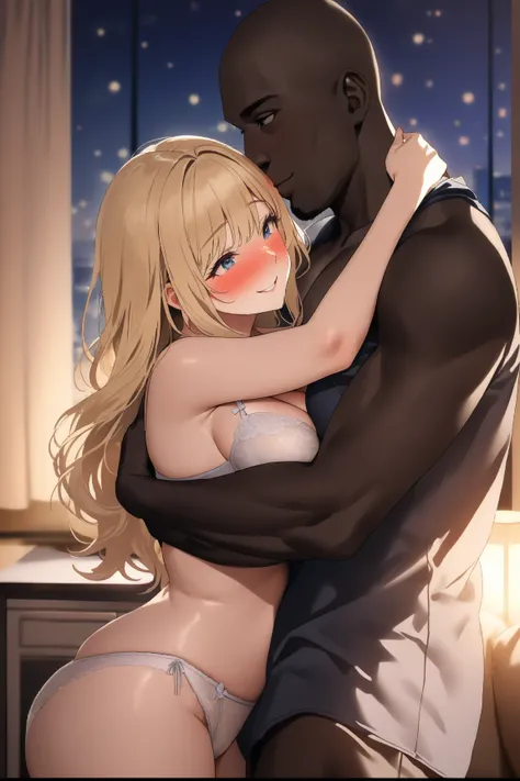 top quality, masterpiece,  high resolution, 8k, 1 girl 1 boy  , The right move, (((bust shot))), Lustful blue droopy eyes , ((( blonde semi-long))), Busty Wife, (((A man and a woman in sexy underwear hug each other))), deep kiss, American living room at ni...