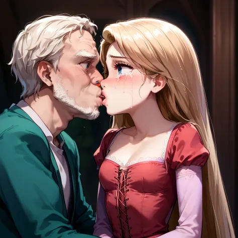 1girl ,rapunzel,,skinny, beautiful, blue eyes, ((red dress)), crying, afraid, monster man kisses her,  kised by an old man, forced kiss, forced, before rape, crying with eyes open 