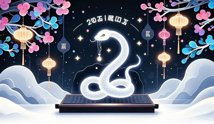 A cute snake, simple graphic illustration style, with colorful flowers and lanterns all around. with “Happy New Year” written on the top of the screen, with “2025” written below. background is white, vector graphics, Simple shapes, Flat design, There are a...