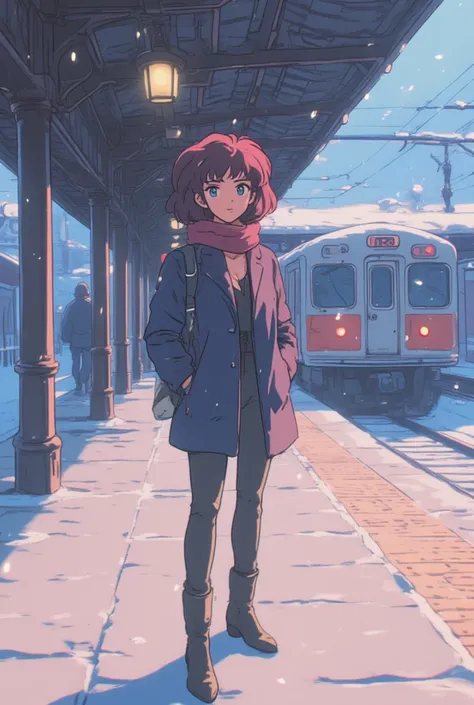 GLSHS ,1990s retro anime illustration, Girl waiting for her boyfriend in front of the station,  stylish clothes 、Midwinter、 White Breath、　daily、