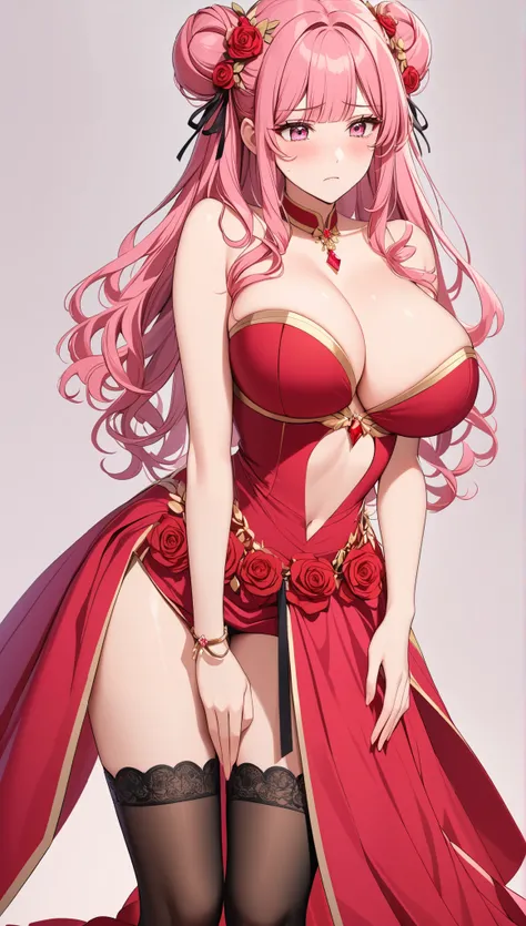  top quality　  Masterpiece  　 high definition 　  Masterpiece  　 pink long hair, curly hair,　　  pink Eyes 　, twin bun bun hair, straight bangs, huge breast,  blushing, plain backround, no backround, white backround, make up, gold red sexy dress, red dress o...