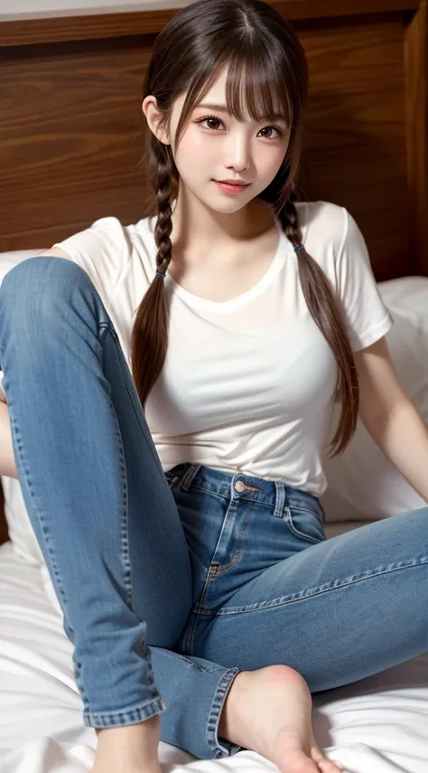    beautiful girl,  Very Pretty and Detailed Face ,   laugh shyly, Deep Valley), (彼女は  big breastedを持っている、  black t-shirt  、denim hot pants、、:1.3), (  big breasted.), (    close-up of a woman's eyes    ),   Her hair is braided  , (  beautiful face:1.2),   ...