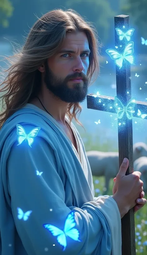 Close-up Jesus Christ beautiful, blue eyes, brown hair blowing in the wind, light blue tunic, holding a large cross made of different particles of electricity blue lights, sheep, light blue butterflies, field full of blue flowers, river surrounded 8k reali...