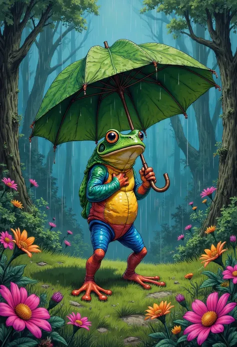 illustration, close-up, comics style
Poster, sketch, close-up, sketch, fine lines and shadows,  painting, hand-drawn
A multi-colored frog holding a giant leaf over his head like an umbrella, walking on two legs avoiding the heavy rain in a dense forest, vi...