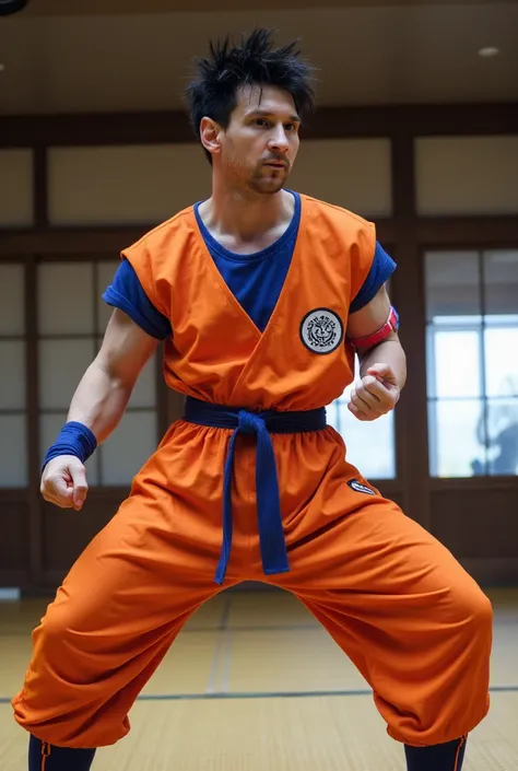 Leonel Messi in the costume of Son Goku holding a martial arts fight pose