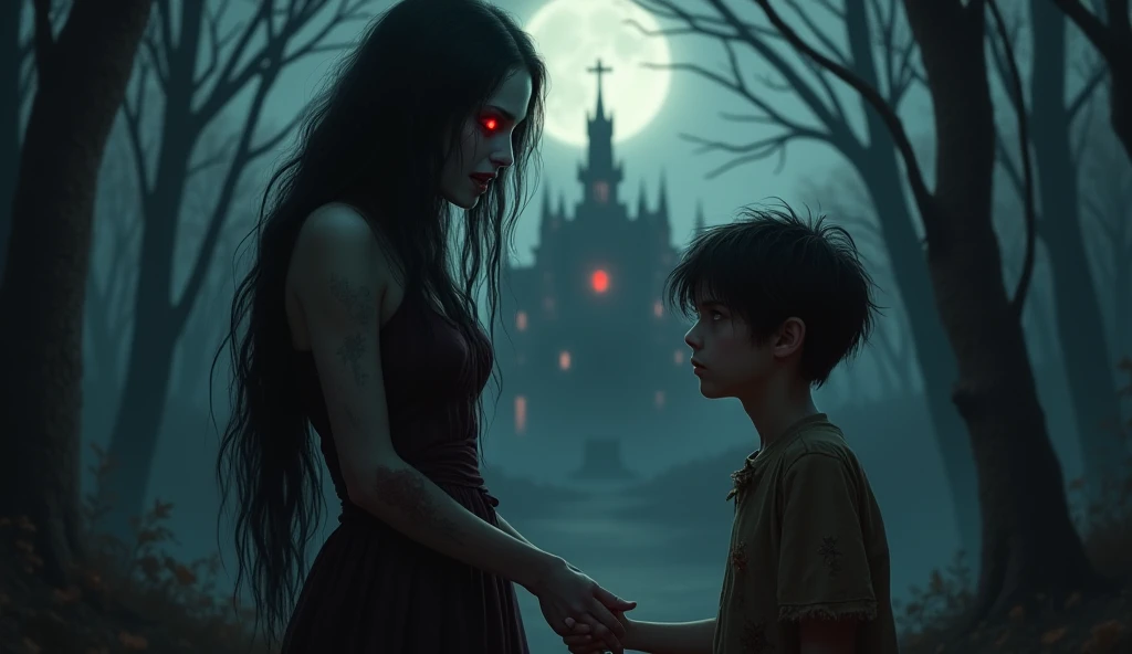 
"Create a highly realistic and atmospheric digital painting of a haunting yet romantic scene. A pale, mysterious female vampire with glowing red eyes and long, flowing black hair stands in a dark forest under the eerie light of a full moon. Her expression...