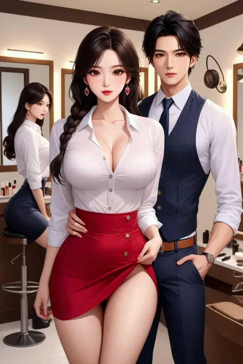 (masterpiece,  top grade ,  Ultra High Definition , 4k resolution,  with very realistic  ,  Accurate Finger Expression, Realistic color expression ,  vibrant scene description , man와 female가 등장,), Hair salon , At the beauty salon, There are two people. fem...