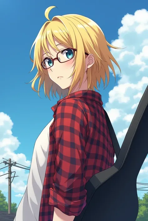  An anime guy with shoulder length blond hair ,  in a red checkered shirt with rolled up sleeves , In a white T-shirt, , in glasses,  with light bristles and a guitar case with his back to the camera. face in profile , looking at the camera,  stands on it ...