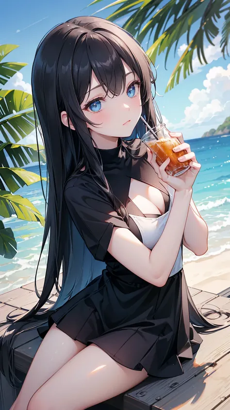  long black straight hair, swimsuit,  blue eyes ， Holding a soda , Relaxation posture, sit, review, HEALTHY SKIN , Outdoor scenery, Blue sky, Bright natural lighting ,  and the sun shines in from the top left, Warm and soft atmosphere, Side Angle, Moderate...