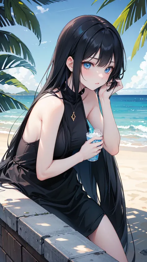  long black straight hair, swimsuit,  blue eyes ， Holding a soda , Relaxation posture, sit, review, HEALTHY SKIN , Outdoor scenery, Blue sky, Bright natural lighting ,  and the sun shines in from the top left, Warm and soft atmosphere, Side Angle, Moderate...