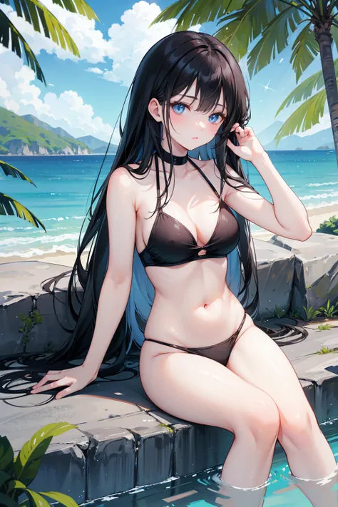  long black straight hair, swimsuit,  blue eyes ， Holding a soda , Relaxation posture, sit, review, HEALTHY SKIN , Outdoor scenery, Blue sky, Bright natural lighting ,  and the sun shines in from the top left, Warm and soft atmosphere, Side Angle, Moderate...