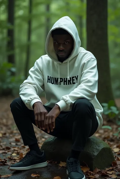 The image shows a black person sitting on a rock in a forest. The person is wearing a White hoodie written HUMPHREY. They are also wearing black sneakers. The background is filled with trees and foliage, and the ground is covered in fallen leaves. The imag...