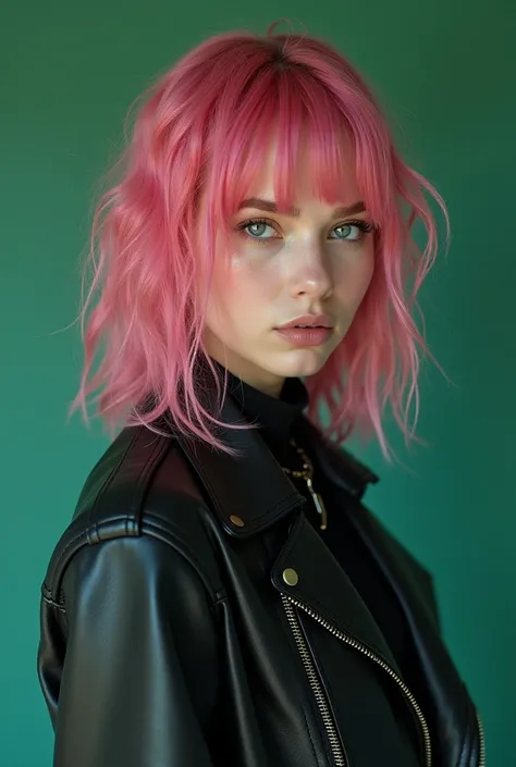  half-length photograph in front of a beautiful 18-year-old rocker girl with pink hair and leather clothes, It's super tender and beautiful. solid color green wallpaper