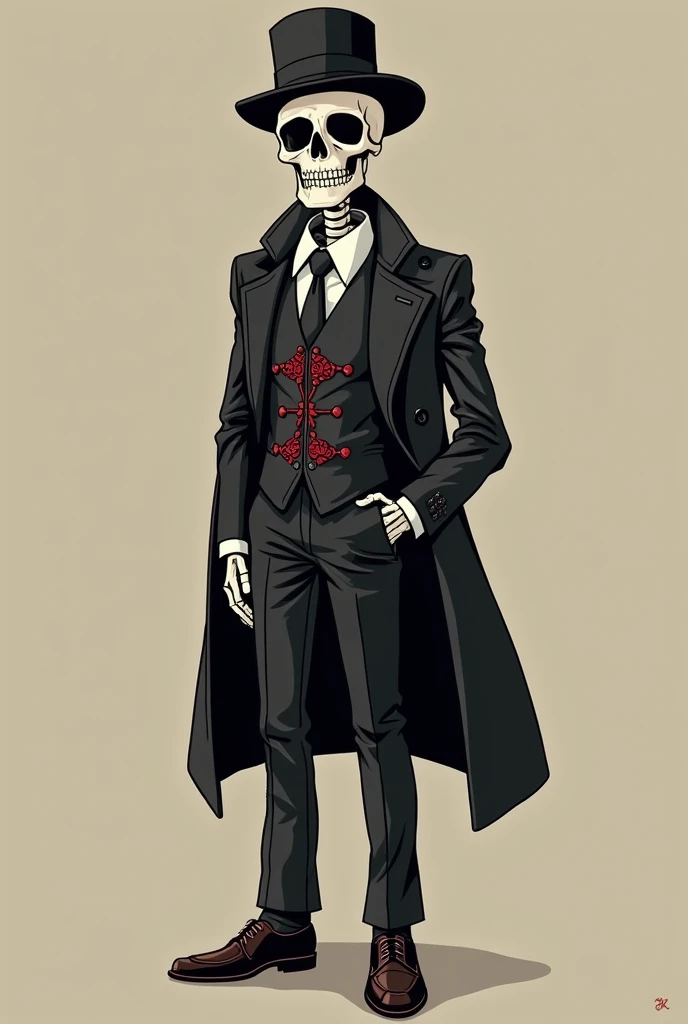  You can create a Peaky Blinder skeleton using black dress pants,  black shoes, white shirt and a black vest with dark red costume details , In the style of a cartoon 