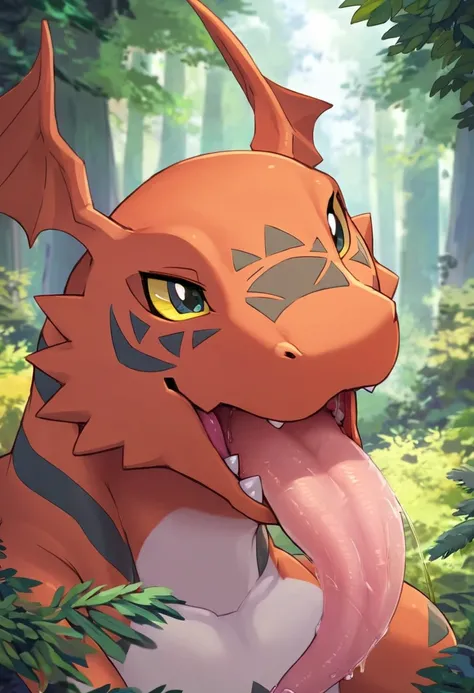 masterpiece, highest quality, highest quality, Ultra-high resolution, Detailed Background(Very exquisite beautiful face and eyes), Perfect Anatomy(, kemono),( Digimon,Guilmon&#39;s facial features, Guilmon&#39;s Physical Features),forest,(Sticking out tong...