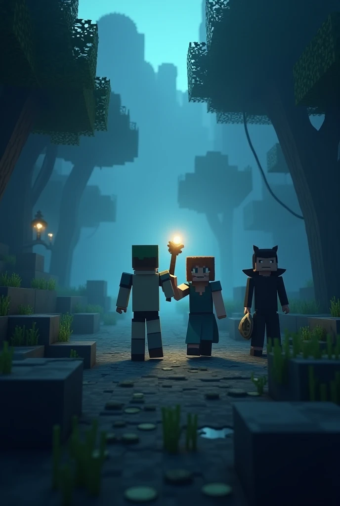 Minecraft. a world of cubes .fog . the forest. Night. Three Travelers , Inventor with a map  ,  A magician with a staff lights the way ,  Demon girl in black clothes.