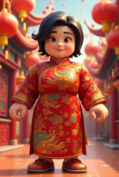 Roblox character,Fat woman, short hair ,White skin,Chinese New Year Dress 