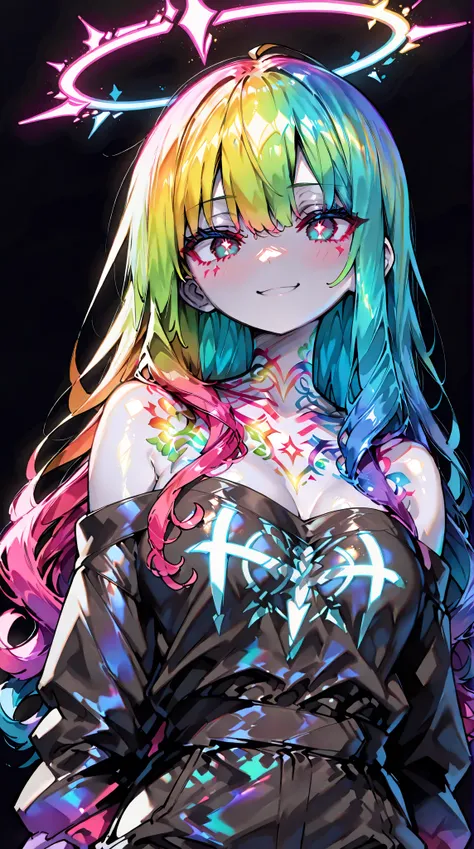    high resolution, masterpiece,    accurate,     best quality,      high resolutionモデル    ,     high detail,     very detailed,   Ultra-fine,   simple black background ,    shiny hair,   colorful hair,   Neon Light Body   、Apocalypse,   Artistic  ,    Neo...