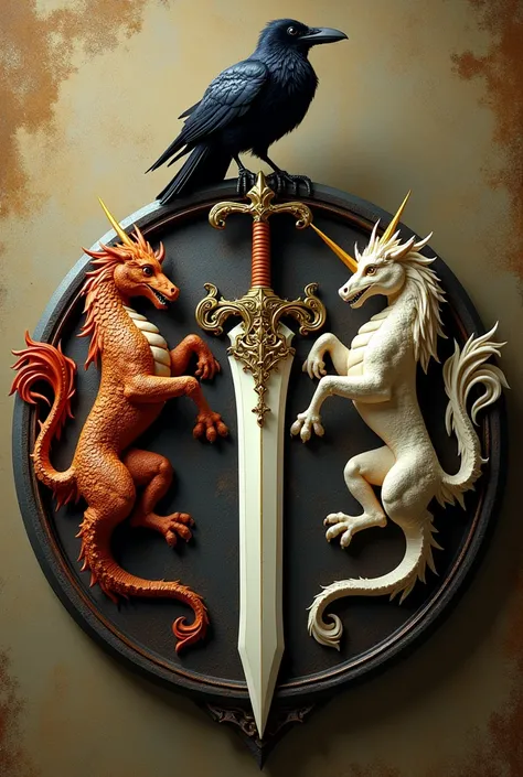 Family crest with dragons, unicorn, a beautiful sword similar to Zelda’s, and a crow