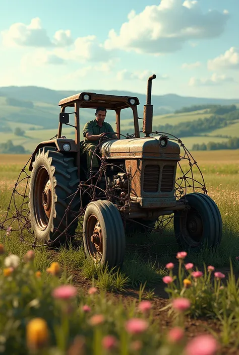 Tractor gets caught in wire mesh while driving in the field 