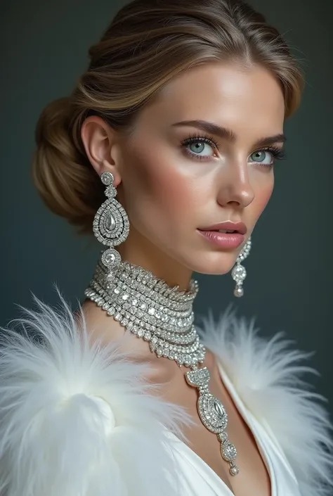 (masterpiece, Best Quality), intricate details, realist, photorealist, Full Body Portrait, Instagram Photo of a woman wearing aretes, Mary R., inspired by Emma Andijewska, wrapped in crystals, silver color, long aretes, sandra chevier, huge earrings, 2019,...