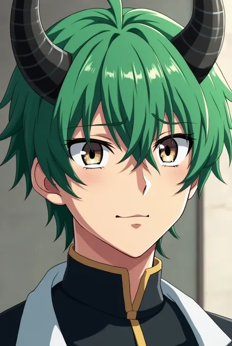 Anime male figure, handsome half-man with green hair, eyes on the left and right eyebrows, and eyes on the left and white cheekbones. The face does not smile, looks at the camera, has long horns on the head, 40 years old in white eyes, no black eyes.