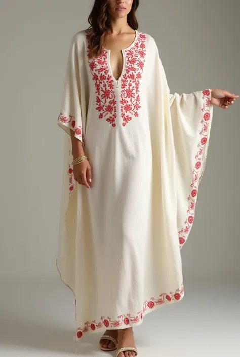  I have a white cashmere shawl with fine red embroidery . I want to turn the shawl into a dress . Pouvez-vous générer des images de longues kurtis,  short tunics with a peplum cut and maxi dress models for this shawl ? 
