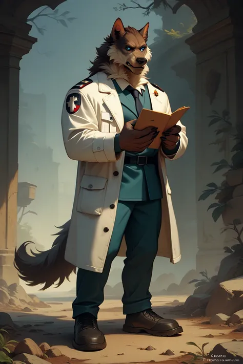 Werewolf，aldult，Colourful fur， blue eyes，Military doctors ，White coat，Holding a folder，Gentle expression，Full body photo