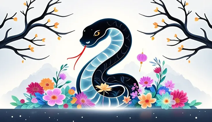 A cute snake, simple graphic illustration style, with colorful flowers and lanterns all around. with “Happy New Year” written on the top of the screen, with “2025” written below. background is white, vector graphics, Simple shapes, Flat design, There are a...