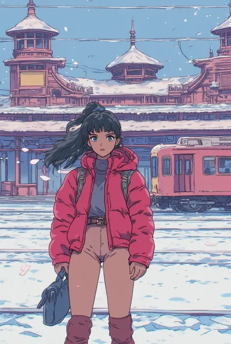 Colored JJK Manga Style , GLSHS ,1990s retro anime illustration, Girl waiting for her boyfriend in front of the station,  stylish clothes, Midwinter, White Breath, daily,