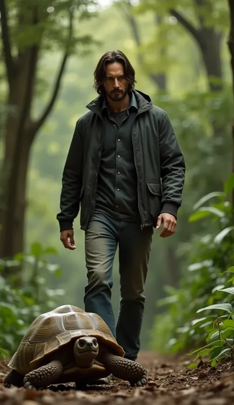 close-up of Keanu walking along a trail in the forest, looking down to spot the tortoise on its back. You could show Keanu with a concerned expression