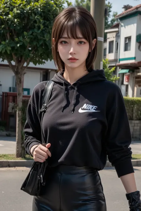 A Korean brunette with slant eyes wearing a black Nike hooded sweatshirt and matching black leather pants, Killer with black gloves and a light machine gun 