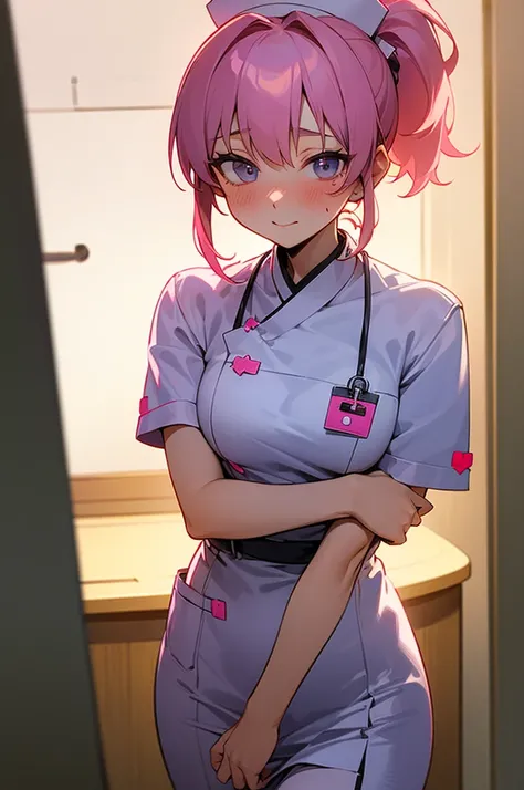 (( best quality)), ((masterpiece)),（Prevent drawing errors）　 first-person view（Includes body depiction）　nurse　白色のnurse服　 pink hair with a scar　 short ponytail 　Private room in hospital　blush　 looks embarrassing　