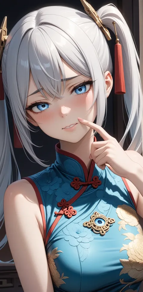 Random Sexy pose , ((Ultra detailing)), (very aesthetic, best quality, ultra detailed), intricate details,
1girl, silver hair, twintail hair, ((Detailed eyes)), ((Beautifull eyes)), ((prefect eyes)), sharp jawline, long hair, Medium breasts, shy, Licking h...