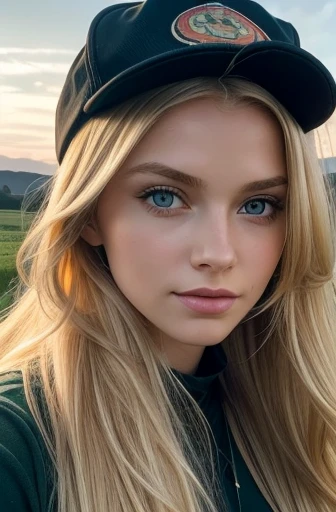 young and pretty girl; long orange blonde hair, loose wavy hair, slightly disheveled hair and ,very long; bright green eyes; White skin, elongated face; 160 cm tall; Delgado; black cap; young and full B cup breasts; Image section from head to waist.; farm ...