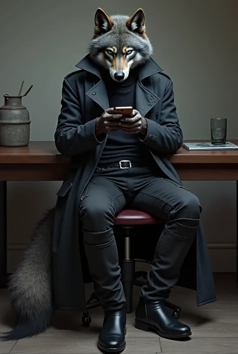  Ultra realistic full body art of a fully grown adult skinny slim dark grey male anthro wolf with a big bushy tail, some fur on his hands and claws on his fingers and blue eyes and wearing a black leather trench coat, a black turtle neck, black cargo pants...