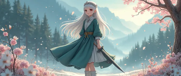  a Norwegian charcoal gray wool gown and 、Spring scenery、Anime Images、 full body image 、  full body view、 elegant pale Elegant loose waves with 、 beautiful８ year old girl, Family Runes, like,  embroidered with healing and protection ,  with knee-high stock...