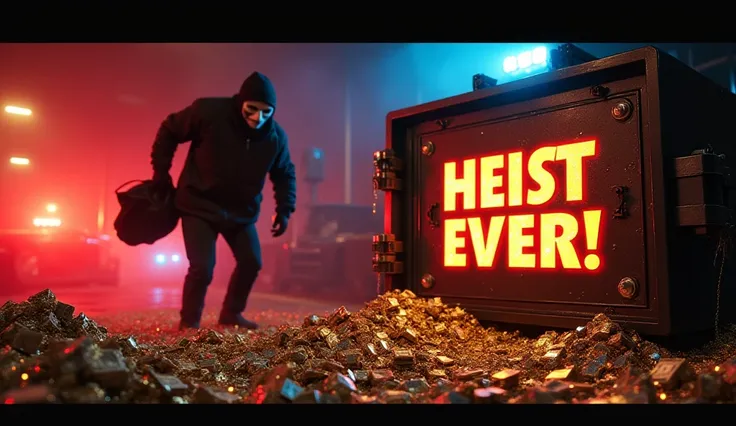 "Design a highly clickable YouTube thumbnail for a video titled 'World's Biggest Heist.' Show an open vault spilling over with gold bars, stacks of cash, and sparkling diamonds, creating a sense of extreme wealth. In the foreground, a masked thief is runni...