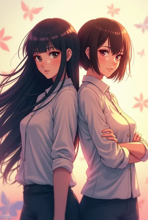 Two women standing side by side, one with long black hair, one with short brown hair, anime style picture