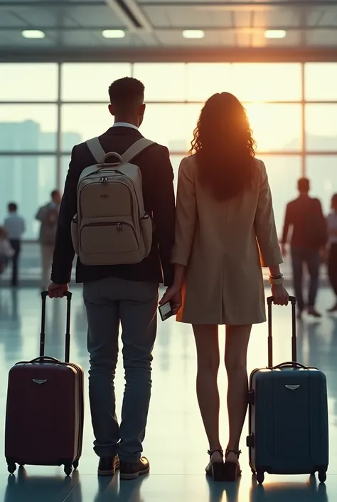 un beau couple noir et asiatique venant de l'étranger avec leur valise et sac à dos qui tient sa carte bancaire ils sont de dos  