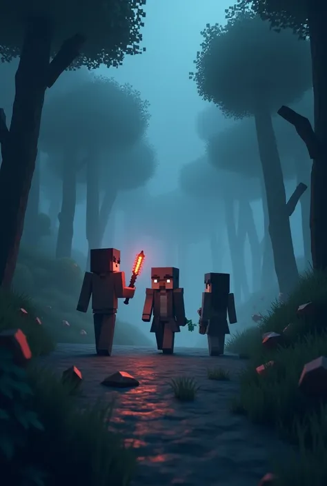 Minecraft. a world of cubes .fog . the forest. Night. Three Travelers , Inventor with a map  ,  A magician with a staff lights the way ,  Demon girl in black clothes.