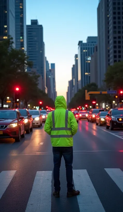 A bustling urban intersection at rush hour, filled with cars honking, frustrated drivers gesturing, and a serene crossing guard in a bright reflective vest standing calmly amidst the chaos. The background features tall buildings, traffic lights, and a clea...