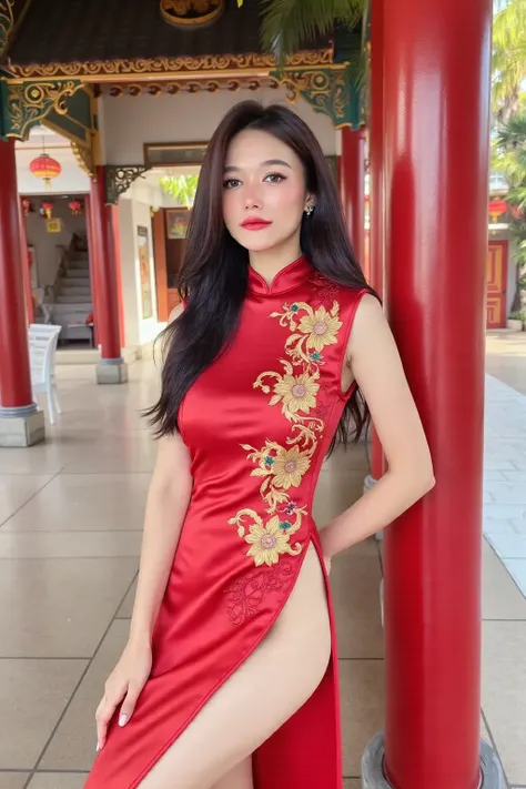 **Masterpiece, Ultra Detailed, Realism, Cinematic Quality**  
A stunning Thai idol, aged 18, exuding beauty and youthful confidence. She is wearing a striking red qipao (Cheongsam) with a high slit that elegantly reveals her toned legs, blending traditiona...